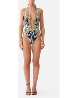 CAMILLA Plunge Halter One Piece W Pleated Waist Trim Zig Zag Zoo - Black