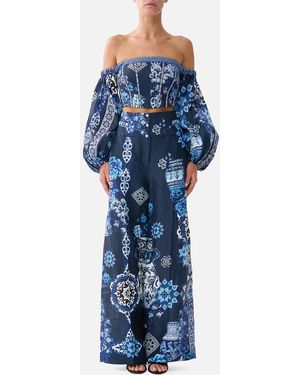 CAMILLA Long Sleeved Corset Crop Top A Tiled Wonderland - Blue