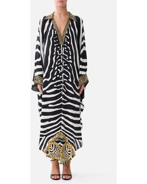 CAMILLA Long Kaftan With Button Cuff Zig Zag Zoo - Black
