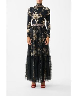 CAMILLA Waistband Ruffle Hem Skirt Flamenco Folklore - Black