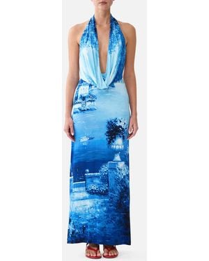 CAMILLA Deep Cowl Plunge Dress Sweet Sacré Bleu - Blue