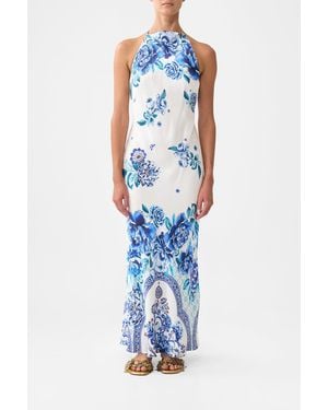 CAMILLA Halter Slip Dress With Lace Strap A Ceramic Garden - Blue