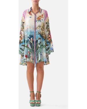 CAMILLA Tiered Dress With Collar Bodrum Botanicals - White