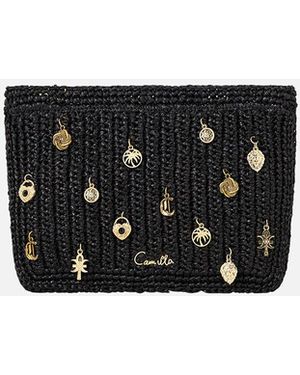 CAMILLA Raffia Clutch With Charms Solid - Black