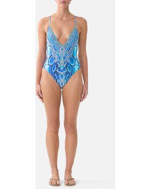 CAMILLA Padded V Neck Cross Back One Piece The Sapphire Serpent - Blue