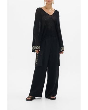 CAMILLA Relaxed V Neck Knit Pointelle Top Cat Worship - Black