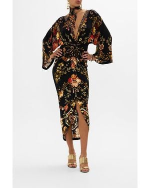 CAMILLA Long Split Front Twist Dress Stitched - Black