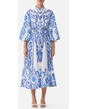 CAMILLA Waist Tie Shirt Dress With Bubble Sleeve Ceramic Panoramic - Blue