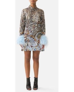 CAMILLA Mini Shirt Dress With Feathers Fiesta, Siesta, Repeat - Multicolour