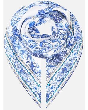 CAMILLA Large Crystalled Silk Square Scarf Ceramic Panoramic - Blue