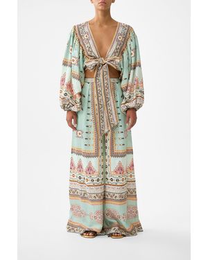 CAMILLA Cropped Blouson Sleeve Tie Front Top Legend Has It - Multicolour