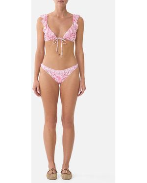 CAMILLA Tie Front Tri Bikini Top W Frill Neck Livin La Vida Rosa - Pink