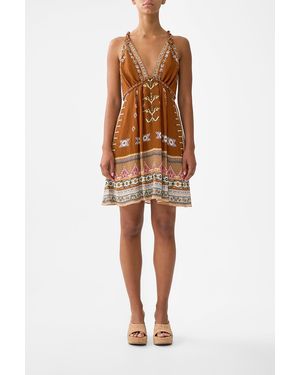 CAMILLA Short Flared Dress With Macrame Detail Fabric Of Time - Brown