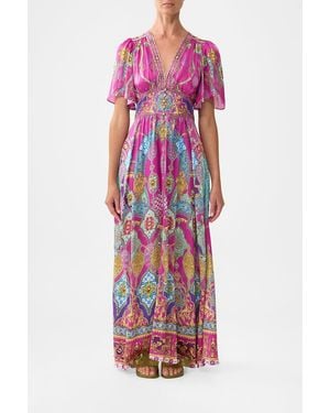 CAMILLA Shaped Waistband Dress With Flutter Sleeves Concubines, Sultans & Courtiers - Pink