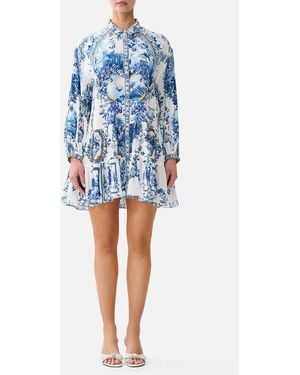 CAMILLA Long Sleeve Tiered Short Dress The Porcelain Parlour - Blue