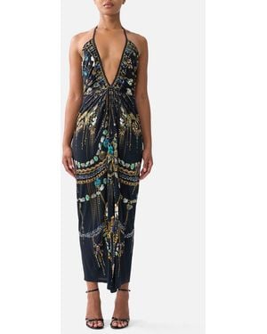 CAMILLA V Neck Gathered Jersey Dress Amulets And Alchemy - Black