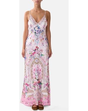 CAMILLA V-Neck Long Bias Slip Dress With Train Palatial Pastels - Pink