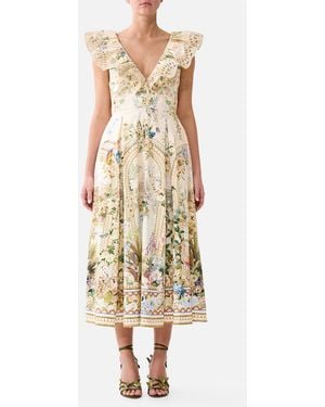 CAMILLA V Neck Frill Midi Dress Midsummer Masterpiece - Natural