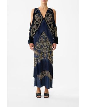 CAMILLA Plunge Neck Draped Shoulder Dress The Imperial Gate - Blue