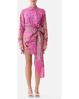 CAMILLA Asymmetric Shirt Dress With Tie Waist Matadora Flora - Pink