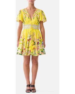CAMILLA Deep V Mini Dress With Ties Lady Limonada - Yellow