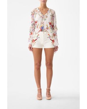 CAMILLA Lace Up V Neck Blouse With Cascade Ruffles I Left My Heart - White