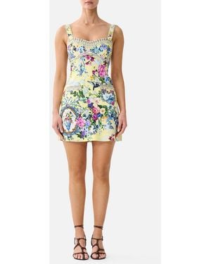 CAMILLA Fitted Short Dress With Topstitching Chinoiserie Child - Yellow