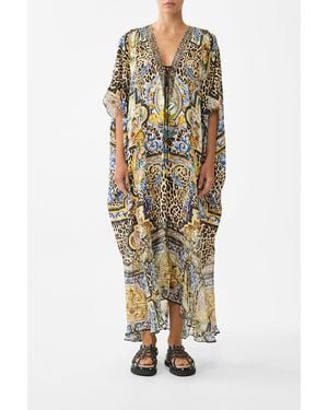 CAMILLA Lace Up Kaftan With Hem Ruffle Sevillian Style - Metallic