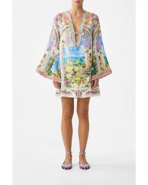 CAMILLA Deep V Neck Hardware Short Kaftan - Yellow