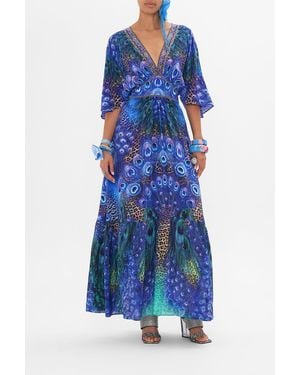 CAMILLA Waisted Dress With Hem Ruffle Peacock Rock - Blue