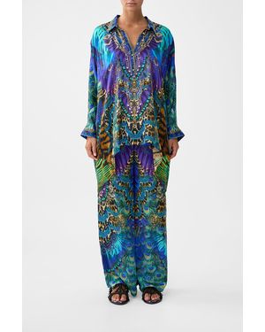 CAMILLA Button Up Top With Draped Back Cosmic Zoology - Blue