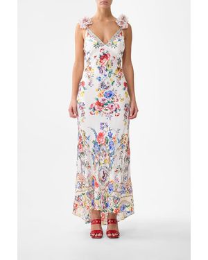 CAMILLA V Neck Bias Slip Dress With Back Frill I Left My Heart - White