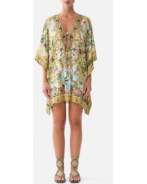 CAMILLA Short V Neck Kaftan W Ring Front Trim Wanderlust Empire - Yellow