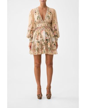 CAMILLA Button Front Frill Dress Watercolour Wonderland - Natural