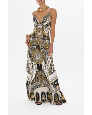 CAMILLA V Neck Long Bias Slip Dress With Train Temples Of Dendara - White