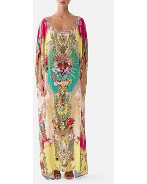 CAMILLA Round Neck Kaftan Painted Prayers - Yellow