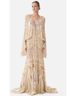 CAMILLA Low Cut Lace Up Front Long Dress A Beloved Boudoir - Natural
