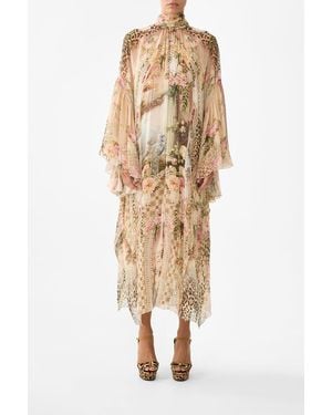 CAMILLA High Neck Ruffle Kaftan Watercolour Wonderland - Natural