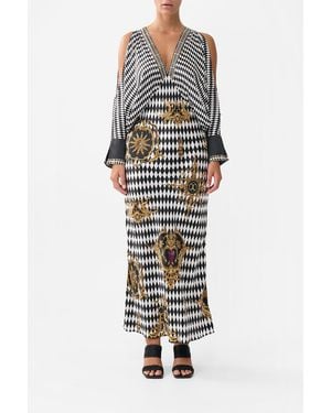 CAMILLA Plunge Neck Draped Shoulder Dress Monarchy Mania - White