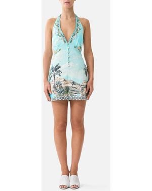 CAMILLA Button Front Halter Playsuit Balearic Bebé - Blue