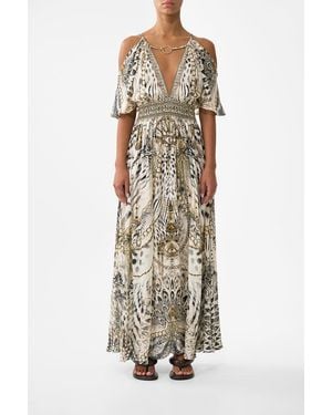 CAMILLA Neck Charm Shirred Waist Long Dress Lady Lionheart - White