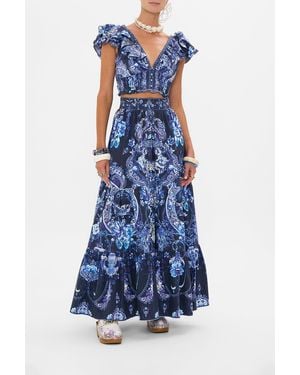 CAMILLA Deep V Frill Short Sleeve Top Delft Dynasty - Blue