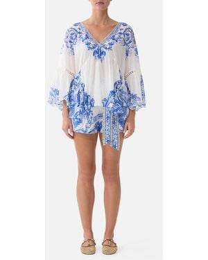 CAMILLA Raglan Blouse With Sleeve Ruffle Ceramic Panoramic - Blue