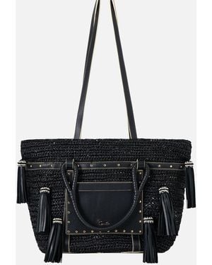 CAMILLA Raffia Tote With Tassels Solid - Black