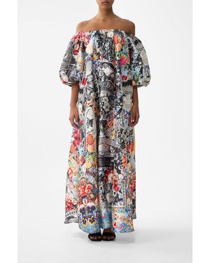 CAMILLA Off Shoulder Long Puff Dress Flower Showers - White