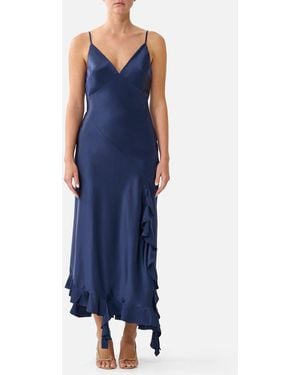 CAMILLA Bias Slip Dress With Frill Hem Silk Essentials - Blue