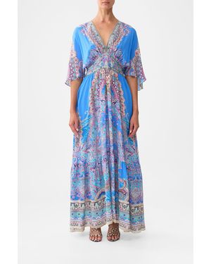 CAMILLA Waisted Dress With Hem Ruffle Footsteps - Blue