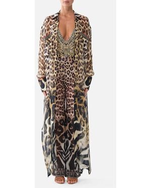 CAMILLA Button Front Long Dress Leotigra Land - Brown