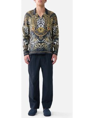 CAMILLA Long Sleeve Camp Collared Shirt Feline Folklore - Blue
