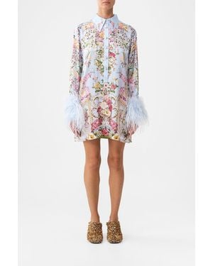 CAMILLA Mini Shirt Dress With Feathers Tiled - Purple